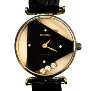 Vintage Becora Quartz Analog Wristwatch with Black Leather Band Gemstone Accents